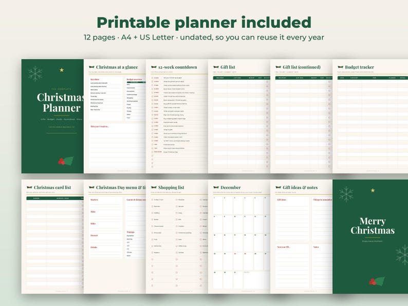 Pu&ograve; includere: Un set di planner natalizio stampabile composto da dodici pagine con copertine verde scuro e fogli interni color crema. Le pagine includono sezioni per un conto alla rovescia di 12 settimane, liste regali, budget, menu, liste della spesa e un calendario.