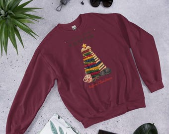 Weihnachtspullover für Bücherliebhaber, Weihnachtspullover für Bücherfreunde, Rundhalsausschnitt mit Bücherstapel-Weihnachtsbaum-Motiv, Weihnachtsgeschenk für Leseratten und Bibliothekare