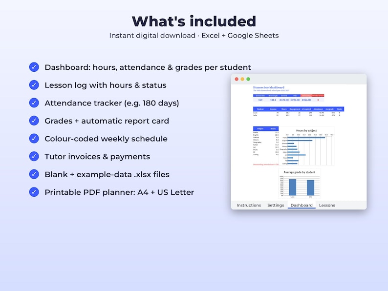Homeschool Planner Spreadsheet | Lesson Log, Attendance and Grade Tracker | Tutor Invoices | Google Sheets Excel + Printable PDF image 6
