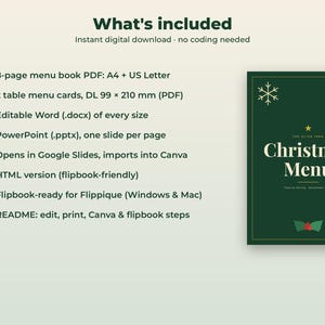 K&ouml;nnte beinhalten: Ein digitales Weihnachtsmen&uuml;-Vorlagenset mit dunkelgr&uuml;nem Cover, goldenen Schneeflocken und Text. Es enth&auml;lt ein 8-seitiges Men&uuml;buch in A4 und US Letter, 2 Tischmen&uuml;karten in 99 x 210 mm sowie bearbeitbare Word- und PowerPoint-Dateien.