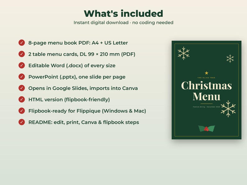 K&ouml;nnte beinhalten: Ein digitales Weihnachtsmen&uuml;-Vorlagenset mit dunkelgr&uuml;nem Cover, goldenen Schneeflocken und Text. Es enth&auml;lt ein 8-seitiges Men&uuml;buch in A4 und US Letter, 2 Tischmen&uuml;karten in 99 x 210 mm sowie bearbeitbare Word- und PowerPoint-Dateien.