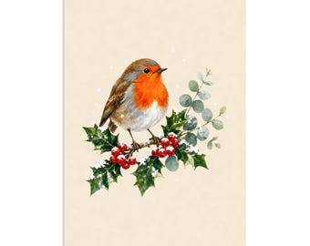 Weihnachtsbild mit Rotkehlchen, Aquarell-Wandbild mit Rotkehlchen, Wintervogelposter A4, Weihnachtsdeko mit Stechpalmenmotiv, Geschenk für Vogelliebhaber, Naturdruck