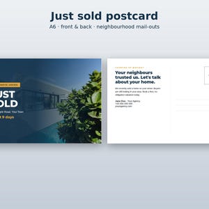 Op de afbeelding: Een dubbelzijdige A6-ansichtkaart voor vastgoedmarketing. De voorzijde heeft een donkerblauwe overlay op een afbeelding van een huis met de tekst JUST SOLD en 12 Example Road, Your Town in just 9 days. De achterzijde is wit met zwarte tekst.