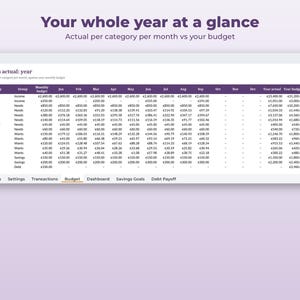 May include: A digital budget spreadsheet titled Your whole year at a glance, displaying a table of categories like Salary, Rent, and Groceries with monthly financial data, columns for year actual, year budget, and difference, and navigation tabs.