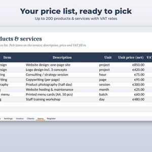 Może przedstawiać: Cyfrowy interfejs wyświetlający cennik zatytułowany Products & services. Tabela zawiera kolumny Item, Description, Unit, Unit price (net) oraz VAT rate, wymieniając r&oacute;żne usługi profesjonalne, takie jak projektowanie stron internetowych, projektowanie logo i doradztwo.