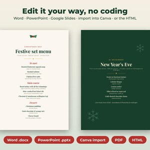 K&ouml;nnte beinhalten: Zwei digitale Men&uuml;vorlagen mit einem cremefarbenen Weihnachtsmen&uuml; und einem dunkelgr&uuml;nen Silvestermen&uuml;. Der Text enth&auml;lt &Uuml;berschriften, G&auml;ngefolgen und Formatierungsoptionen f&uuml;r Word, PowerPoint, Google Slides und Canva.