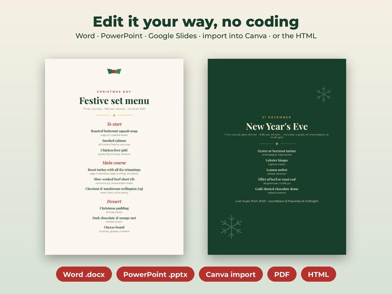 K&ouml;nnte beinhalten: Zwei digitale Men&uuml;vorlagen mit einem cremefarbenen Weihnachtsmen&uuml; und einem dunkelgr&uuml;nen Silvestermen&uuml;. Der Text enth&auml;lt &Uuml;berschriften, G&auml;ngefolgen und Formatierungsoptionen f&uuml;r Word, PowerPoint, Google Slides und Canva.