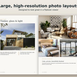 May include: A digital brochure layout titled Large, high-resolution photo layouts featuring architectural photography. The pages display a modern house exterior, a living room with leather furniture, a bedroom, and a patio view with text.