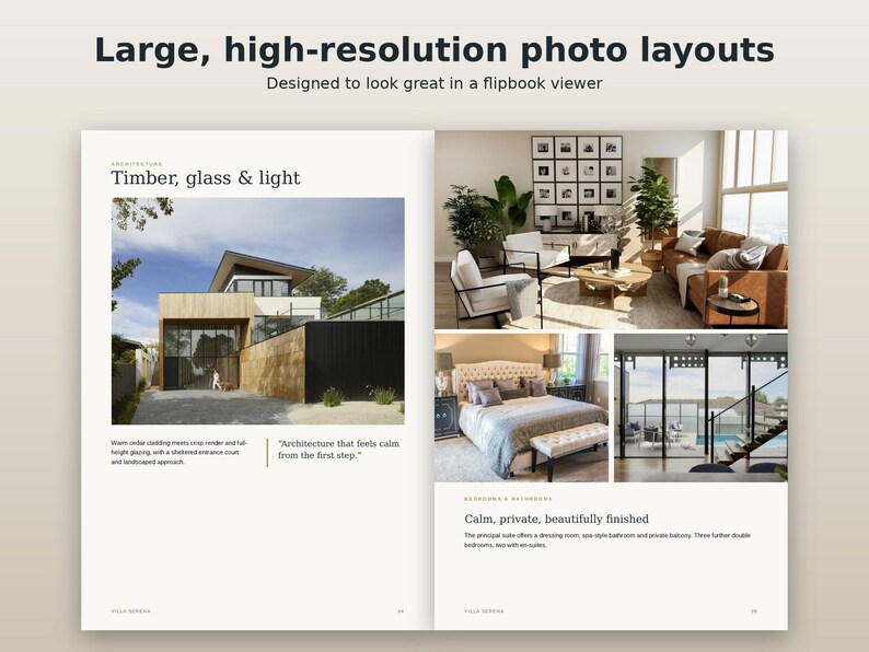 May include: A digital brochure layout titled Large, high-resolution photo layouts featuring architectural photography. The pages display a modern house exterior, a living room with leather furniture, a bedroom, and a patio view with text.