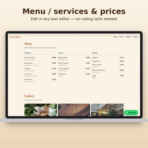 May include: A digital menu template displayed on a laptop screen, featuring sections for Savoury, Sweet, and Drinks with prices in Euros. The layout includes a gallery of three images and a green WhatsApp button in the bottom right corner.