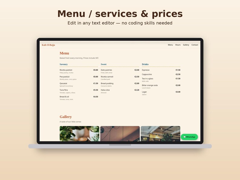 May include: A digital menu template displayed on a laptop screen, featuring sections for Savoury, Sweet, and Drinks with prices in Euros. The layout includes a gallery of three images and a green WhatsApp button in the bottom right corner.