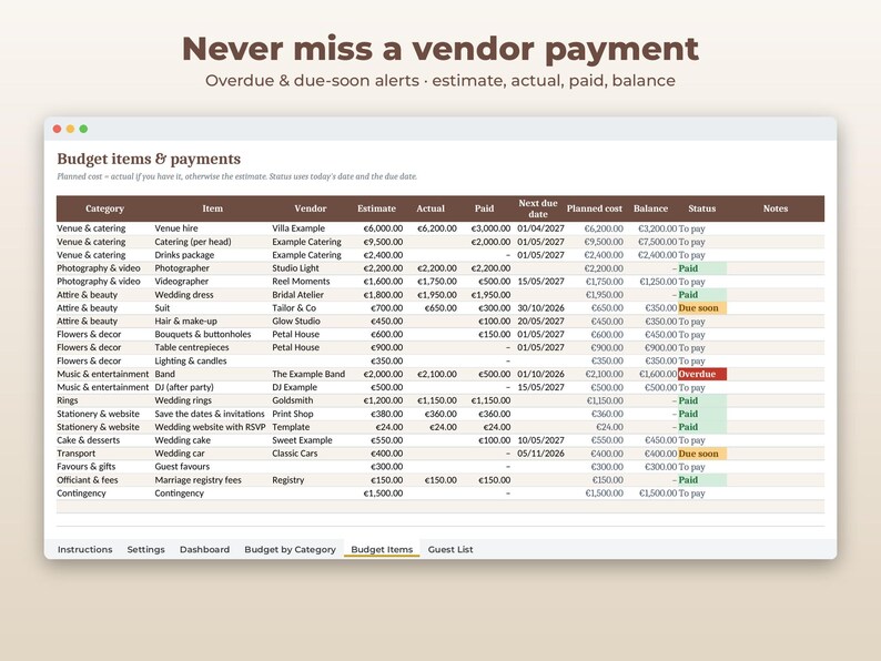 May include: A digital spreadsheet titled Budget items & payments, featuring columns for category, item, vendor, estimate, actual, paid, next due date, planned cost, balance, and status, with rows detailing wedding expenses in euros.