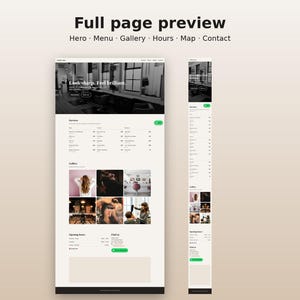 May include: A website template layout featuring a hero section with the text Look sharp. Feel brilliant., a services list, a photo gallery, opening hours, and contact information. The design uses a clean, white background with black text.