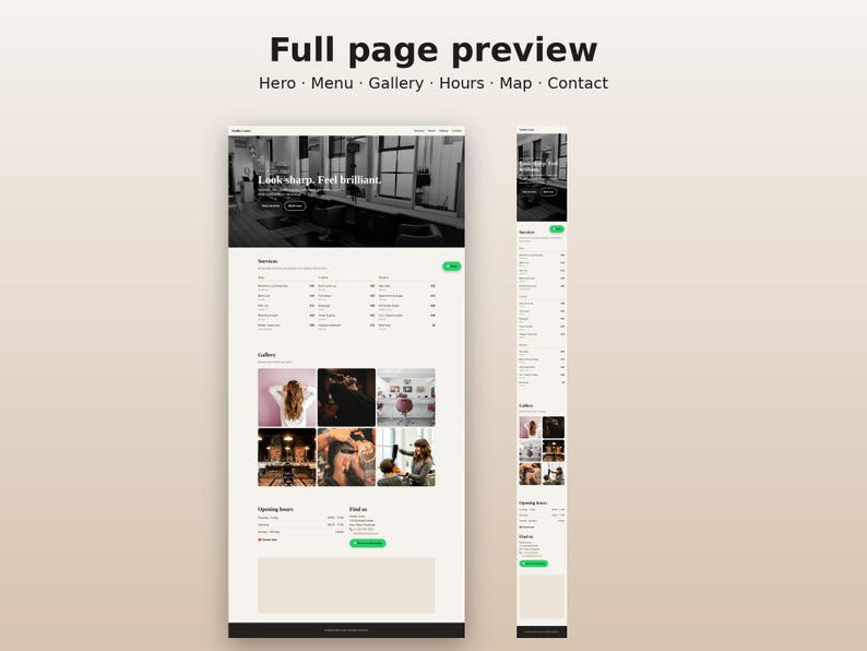 May include: A website template layout featuring a hero section with the text Look sharp. Feel brilliant., a services list, a photo gallery, opening hours, and contact information. The design uses a clean, white background with black text.