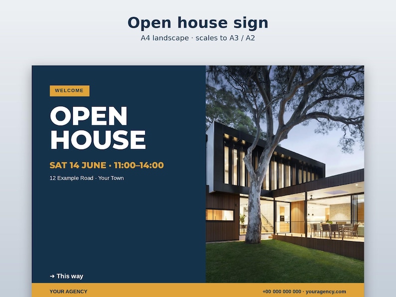 Op de afbeelding: Een A4-liggend sjabloon voor een open huis-bord met een donkerblauwe achtergrond en witte tekst met de tekst OPEN HOUSE, WELCOME, SAT 14 JUNE, 11:00-14:00, 12 Example Road, Your Town en This way, naast een foto van een modern huis.