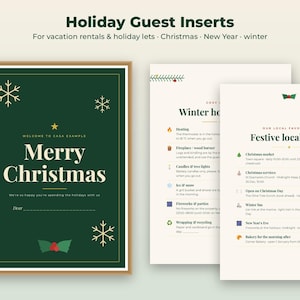 Könnte beinhalten: Ein Set aus drei Informationsblättern für Feriengäste. Das erste ist eine dunkelgrüne Willkommenskarte mit goldenen Schneeflocken, Stechpalmen und dem Text Merry Christmas. Die anderen beiden sind cremefarbene Seiten mit den Titeln Winter house rules und Festive local guide.