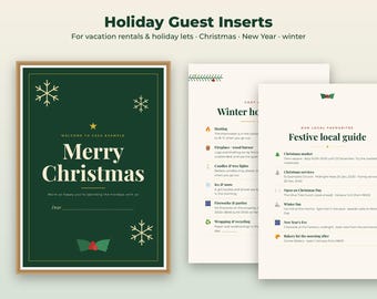 May include: A set of three holiday guest information sheets. The first is a dark green welcome card with gold snowflakes, holly, and the text Merry Christmas. The other two are off-white pages titled Winter house rules and Festive local guide.