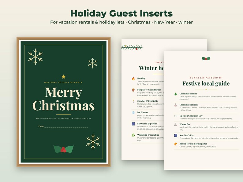 May include: A set of three holiday guest information sheets. The first is a dark green welcome card with gold snowflakes, holly, and the text Merry Christmas. The other two are off-white pages titled Winter house rules and Festive local guide.