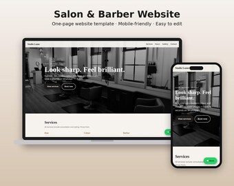 May include: A website template for a salon and barber shop displayed on a laptop and a smartphone. The design features a black and white interior photograph, the text "Look sharp. Feel brilliant.", and navigation menus for services, hours, gallery, and contact.