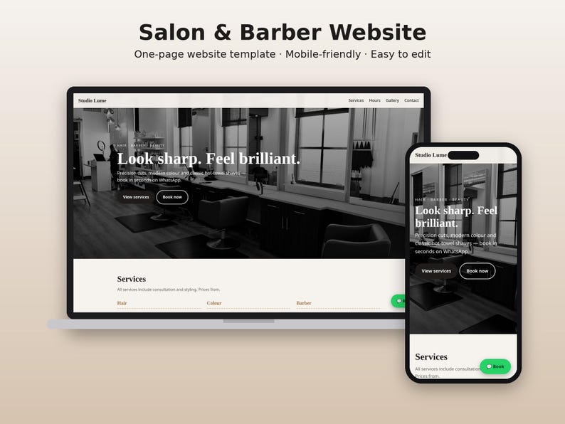 May include: A website template for a salon and barber shop displayed on a laptop and a smartphone. The design features a black and white interior photograph, the text "Look sharp. Feel brilliant.", and navigation menus for services, hours, gallery, and contact.