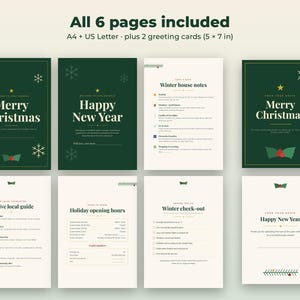 May include: A set of six printable pages and two greeting cards measuring 5 by 7 inches, featuring dark green and cream backgrounds with holiday text including Merry Christmas, Happy New Year, Winter house notes, and check-out lists.