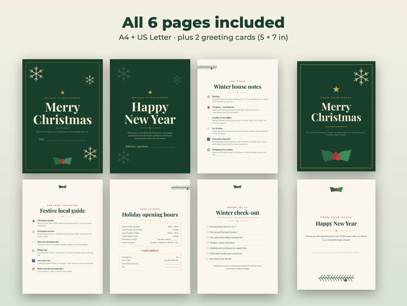 May include: A set of six printable pages and two greeting cards measuring 5 by 7 inches, featuring dark green and cream backgrounds with holiday text including Merry Christmas, Happy New Year, Winter house notes, and check-out lists.