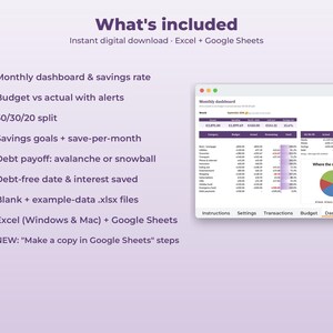May include: A digital budget planner template for Excel and Google Sheets featuring a monthly dashboard, savings rate tracker, 50/30/20 split, debt payoff tools, and a pie chart. The interface displays tabs for instructions, settings, transactions, budget, and dashboard.