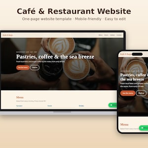 May include: A website template for a cafe and restaurant displayed on a laptop and a smartphone. The design features a hero image of coffee cups, the text "Cafe & Restaurant Website", "Kafe Il-Bajja", and "Pastries, coffee & the sea breeze".