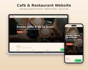 May include: A website template for a cafe and restaurant displayed on a laptop and a smartphone. The design features a hero image of coffee cups, the text "Cafe & Restaurant Website", "Kafe Il-Bajja", and "Pastries, coffee & the sea breeze".