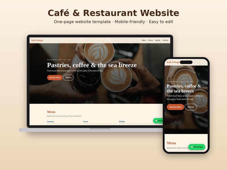 May include: A website template for a cafe and restaurant displayed on a laptop and a smartphone. The design features a hero image of coffee cups, the text "Cafe & Restaurant Website", "Kafe Il-Bajja", and "Pastries, coffee & the sea breeze".