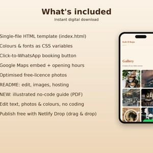 May include: A digital product listing titled What's included, featuring a list of features like a single-file HTML template, CSS variables, and a booking button, alongside a smartphone mockup displaying a cafe website interface with a gallery.