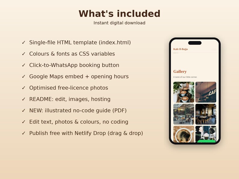 May include: A digital product listing titled What's included, featuring a list of features like a single-file HTML template, CSS variables, and a booking button, alongside a smartphone mockup displaying a cafe website interface with a gallery.