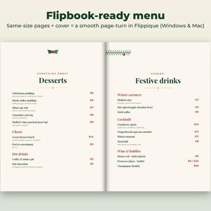K&ouml;nnte beinhalten: Eine zweiseitige digitale Men&uuml;vorlage mit dem Titel Flipbook-ready menu. Die linke Seite listet Desserts, K&auml;se und Hei&szlig;getr&auml;nke auf. Die rechte Seite listet festliche Getr&auml;nke, Cocktails und Weine auf. Cremefarbener Hintergrund mit dunkelgr&uuml;nem und rotem Text.
