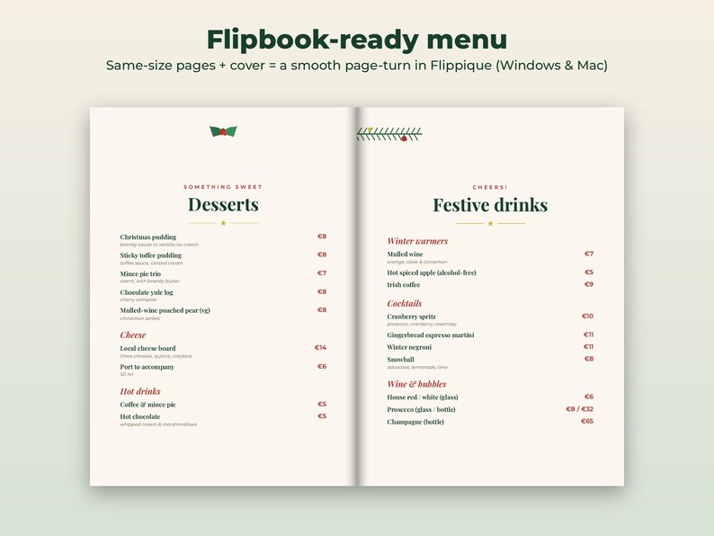 K&ouml;nnte beinhalten: Eine zweiseitige digitale Men&uuml;vorlage mit dem Titel Flipbook-ready menu. Die linke Seite listet Desserts, K&auml;se und Hei&szlig;getr&auml;nke auf. Die rechte Seite listet festliche Getr&auml;nke, Cocktails und Weine auf. Cremefarbener Hintergrund mit dunkelgr&uuml;nem und rotem Text.