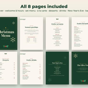 K&ouml;nnte beinhalten: Ein Set aus acht Weihnachtsmen&uuml;-Seiten mit einem dunkelgr&uuml;nen Deckblatt, wei&szlig;en Schneeflocken-Grafiken und dem Text Christmas Menu. Die Innenseiten enthalten Abschnitte f&uuml;r Begr&uuml;&szlig;ung, Men&uuml;, Desserts, Getr&auml;nke sowie eine Seite f&uuml;r Silvester.