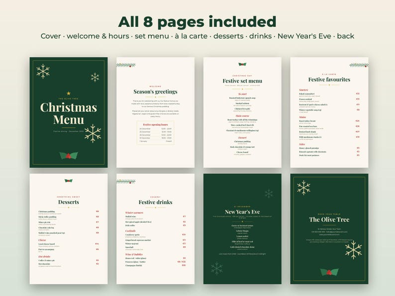 K&ouml;nnte beinhalten: Ein Set aus acht Weihnachtsmen&uuml;-Seiten mit einem dunkelgr&uuml;nen Deckblatt, wei&szlig;en Schneeflocken-Grafiken und dem Text Christmas Menu. Die Innenseiten enthalten Abschnitte f&uuml;r Begr&uuml;&szlig;ung, Men&uuml;, Desserts, Getr&auml;nke sowie eine Seite f&uuml;r Silvester.