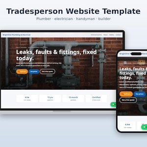 K&ouml;nnte beinhalten: Eine Website-Vorlage f&uuml;r Handwerker, dargestellt auf einem Laptop und einem Smartphone. Der Bildschirm zeigt eine Landingpage f&uuml;r Brightline Plumbing & Electrical mit dem Text Leaks, faults & fittings, fixed today sowie Schaltfl&auml;chen f&uuml;r Anrufe und Angebote.