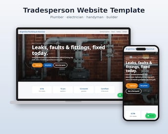 May include: A digital website template for tradespeople displayed on a laptop and a smartphone. The screen shows a landing page for Brightline Plumbing & Electrical with text reading Leaks, faults & fittings, fixed today, and buttons for calls and quotes.