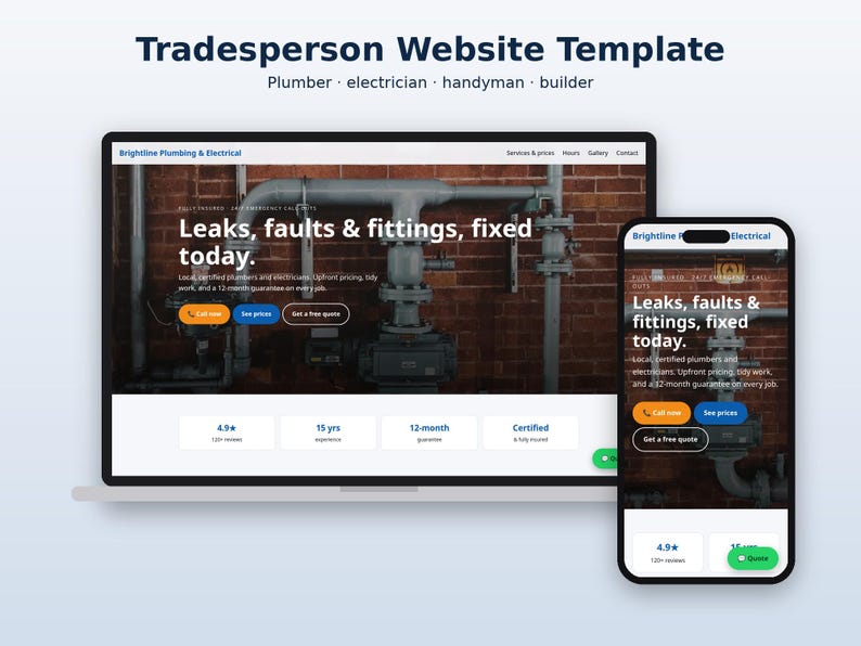 K&ouml;nnte beinhalten: Eine Website-Vorlage f&uuml;r Handwerker, dargestellt auf einem Laptop und einem Smartphone. Der Bildschirm zeigt eine Landingpage f&uuml;r Brightline Plumbing & Electrical mit dem Text Leaks, faults & fittings, fixed today sowie Schaltfl&auml;chen f&uuml;r Anrufe und Angebote.