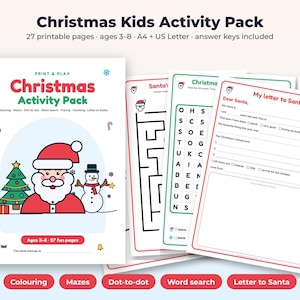 Könnte beinhalten: Ein Weihnachts-Aktivitätenpaket für Kinder mit 27 druckbaren Seiten für 3- bis 8-Jährige. Das Deckblatt zeigt eine Illustration vom Weihnachtsmann, einem Tannenbaum und einem Schneemann. Enthalten sind ein Labyrinth, ein Wortsuchrätsel und ein Brief an den Weihnachtsmann.