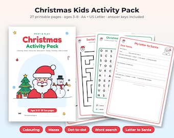 Può includere: Un pacchetto di attività natalizie per bambini con 27 pagine stampabili per bambini dai 3 agli 8 anni. La copertina mostra un'illustrazione di Babbo Natale, un albero di Natale e un pupazzo di neve. Include un labirinto, un cruciverba e una lettera a Babbo Natale.