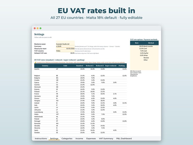 Kalkylblad för EU-momsbokföring | Inkomst- och utgiftsspårning för småföretag (digital nedladdning) bild 4