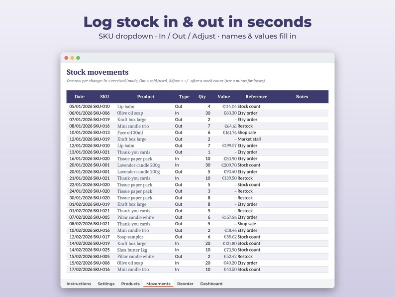 以下が含まれることがあります： Date、SKU、Product、Type、Qty、Value、Reference、Notesの列を持つ在庫データが表示されたStock movementsというタイトルのデジタルスプレッドシートインターフェース。ヘッダーにはLog stock in & out in secondsと記載されています。