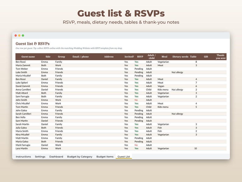 May include: A digital spreadsheet template titled Guest list & RSVPs with columns for guest name, side, group, contact info, address, invitation status, RSVP, adult or child, meal choice, dietary needs, table number, gift, and thank-you notes.