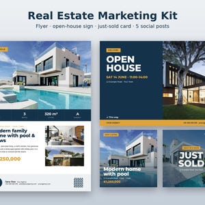 Op de afbeelding: Een vastgoedmarketingkit met een flyer, een bord voor open huizen en social media-berichten. De ontwerpen bevatten teksten zoals Real Estate Marketing Kit, Open House en Just Sold, met afbeeldingen van een modern huis met een zwembad.
