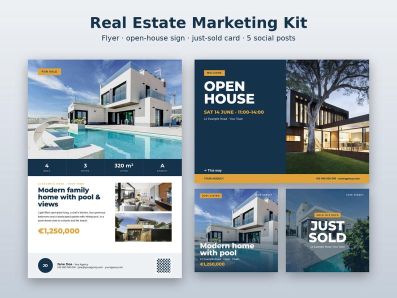 Op de afbeelding: Een vastgoedmarketingkit met een flyer, een bord voor open huizen en social media-berichten. De ontwerpen bevatten teksten zoals Real Estate Marketing Kit, Open House en Just Sold, met afbeeldingen van een modern huis met een zwembad.