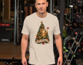 Lustiges Katzen-Weihnachts-T-Shirt, Offizielles Bauminspektor-Katzen-T-Shirt, Geschenk für Katzenmütter mit orangefarbener Tabbykatze, Katze im Weihnachtsbaum-Shirt