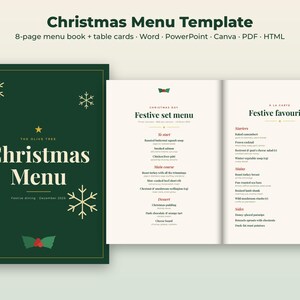 K&ouml;nnte beinhalten: Ein Weihnachtsmen&uuml;-Vorlagenset mit einem dunkelgr&uuml;nen Einband, goldenen Schneeflocken-Grafiken und dem Text Christmas Menu sowie einem aufgeschlagenen Men&uuml;heft mit festlichem Men&uuml; und &agrave; la carte Auswahl auf cremefarbenen Seiten.