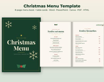 Può includere: Un set di modelli per menu natalizi con una copertina verde scuro decorata con fiocchi di neve dorati e la scritta Christmas Menu, affiancato da un libretto aperto che mostra un menu festivo e opzioni à la carte su pagine color crema.