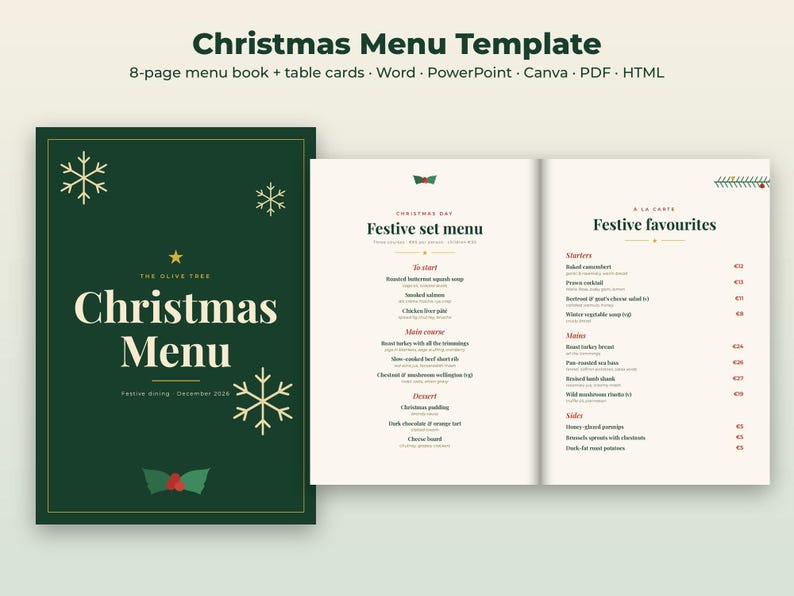 K&ouml;nnte beinhalten: Ein Weihnachtsmen&uuml;-Vorlagenset mit einem dunkelgr&uuml;nen Einband, goldenen Schneeflocken-Grafiken und dem Text Christmas Menu sowie einem aufgeschlagenen Men&uuml;heft mit festlichem Men&uuml; und &agrave; la carte Auswahl auf cremefarbenen Seiten.